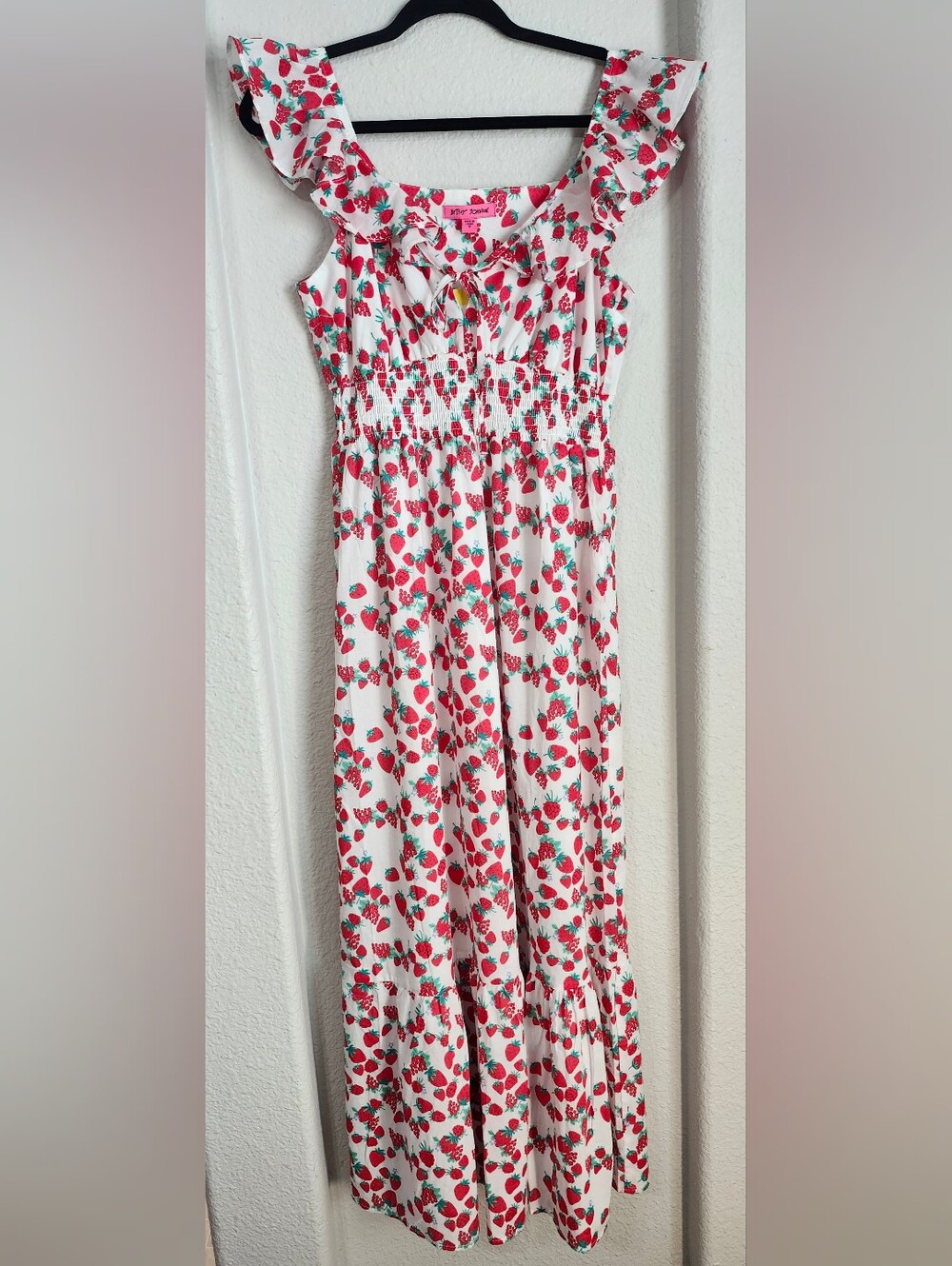 Betsey Johnson Strawberry Print Maxi Dress Medium Ruffle Sleeves Smocked NWT